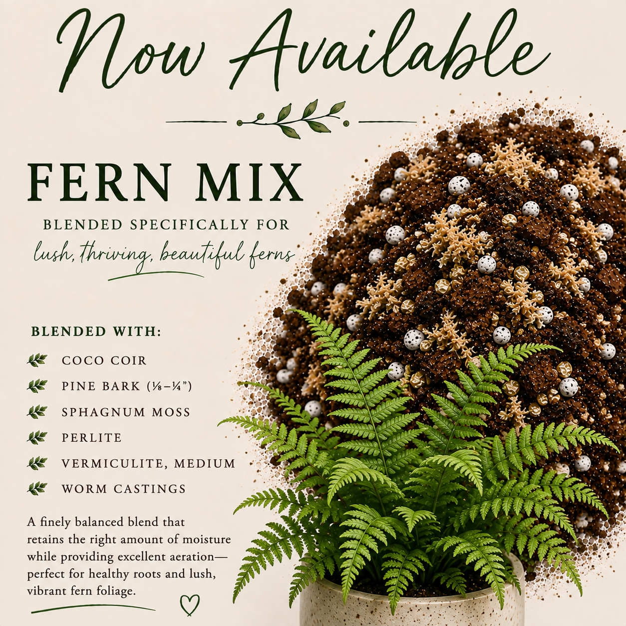 Fern soil mix with coco coir, sphagnum moss, pine bark, perlite, vermiculite and worm castings