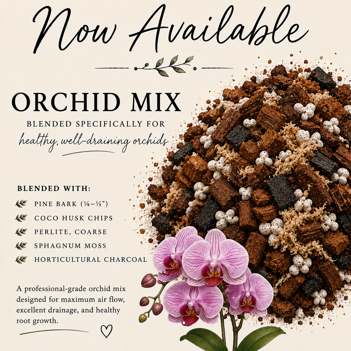 Orchid bark mix with pine bark, coco husk chips, perlite, sphagnum moss and horticultural charcoal